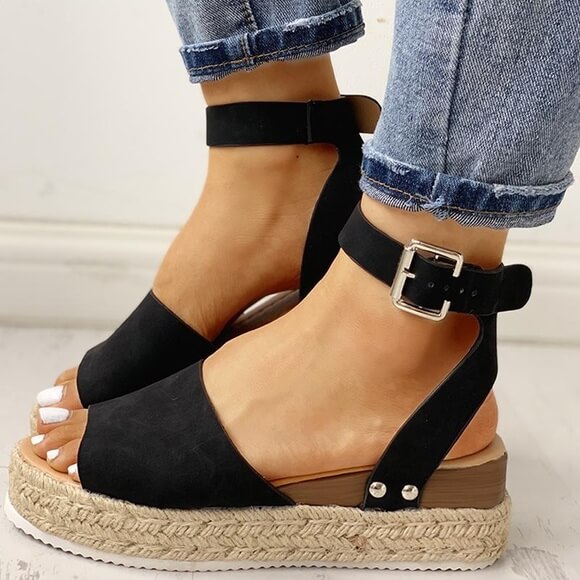 Ladies' wedge espadrille sandals with strap - Livia-Black-3-State of Style