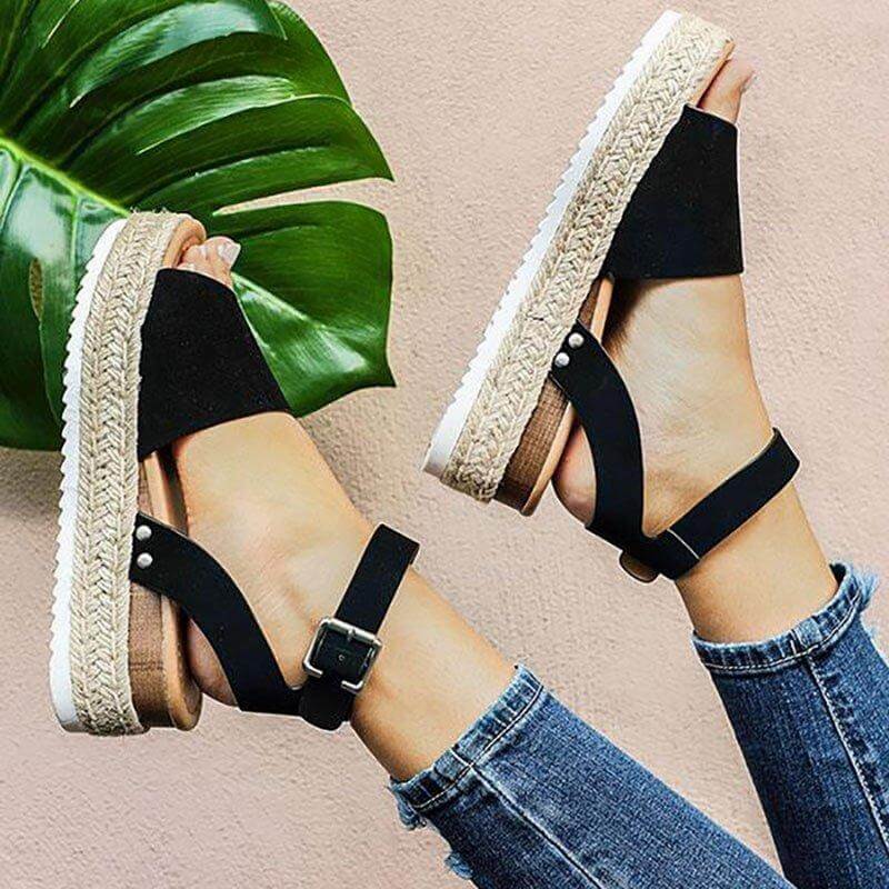 Ladies' wedge espadrille sandals with strap - Livia-Black-3-State of Style