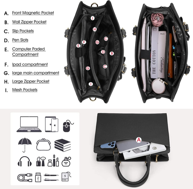 Waterproof PU Leather Laptop Tote Bag with Multi-Pocket Design for Women