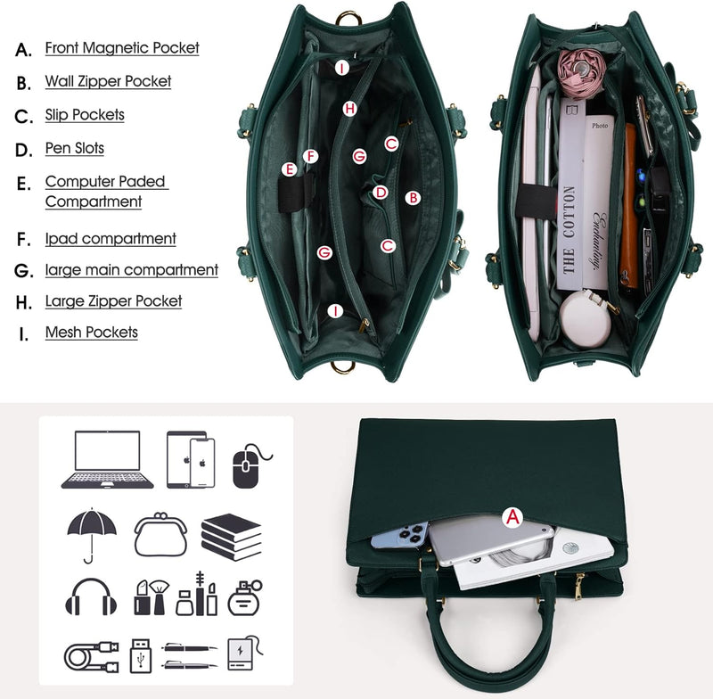 Waterproof PU Leather Laptop Tote Bag with Multi-Pocket Design for Women