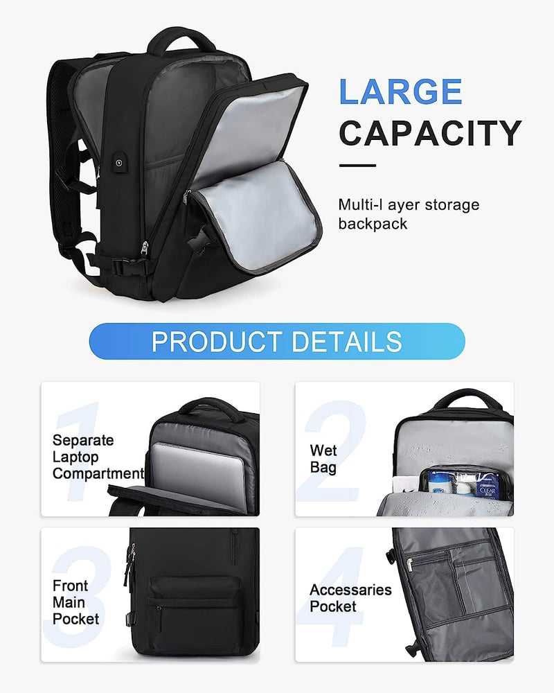 40L Waterproof Travel Backpack with Shoe Compartment & USB Port – 14” Laptop Fit