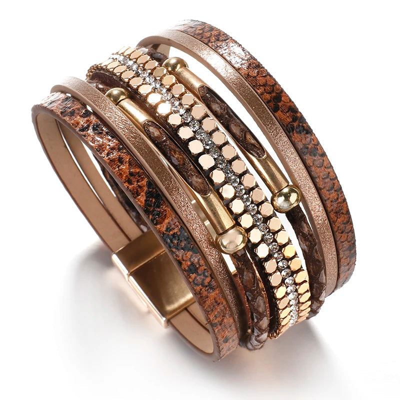 Layered Elegant Bracelet | Snake Leather Jewellery-Brown-State of Style