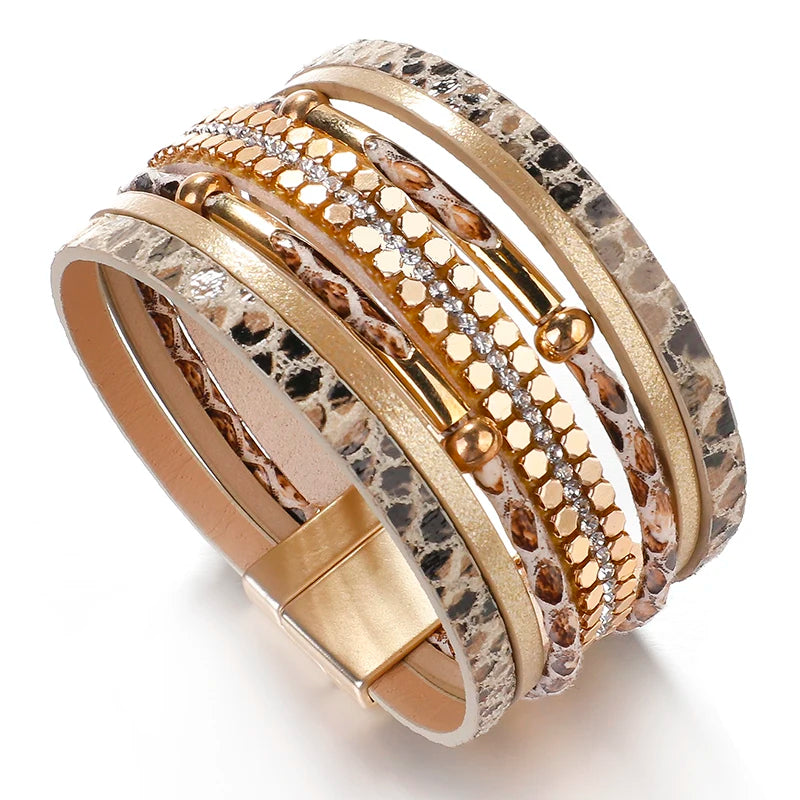 Layered Elegant Bracelet | Snake Leather Jewellery-Khaki-State of Style