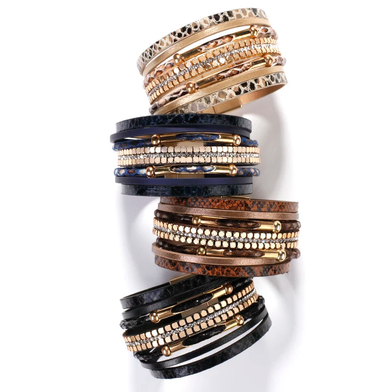 Layered Elegant Bracelet | Snake Leather Jewellery-Khaki-State of Style