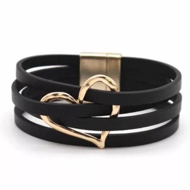 Layered Leather Wrap Bracelet | Trendy Multi-Strand Jewellery-BLACK HEART-State of Style