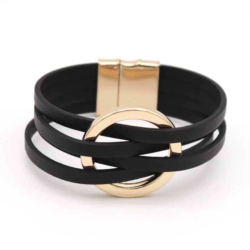 Layered Leather Wrap Bracelet | Trendy Multi-Strand Jewellery-Black-State of Style