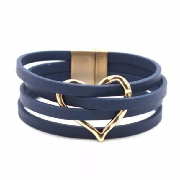 Layered Leather Wrap Bracelet | Trendy Multi-Strand Jewellery-BLUE HEART-State of Style