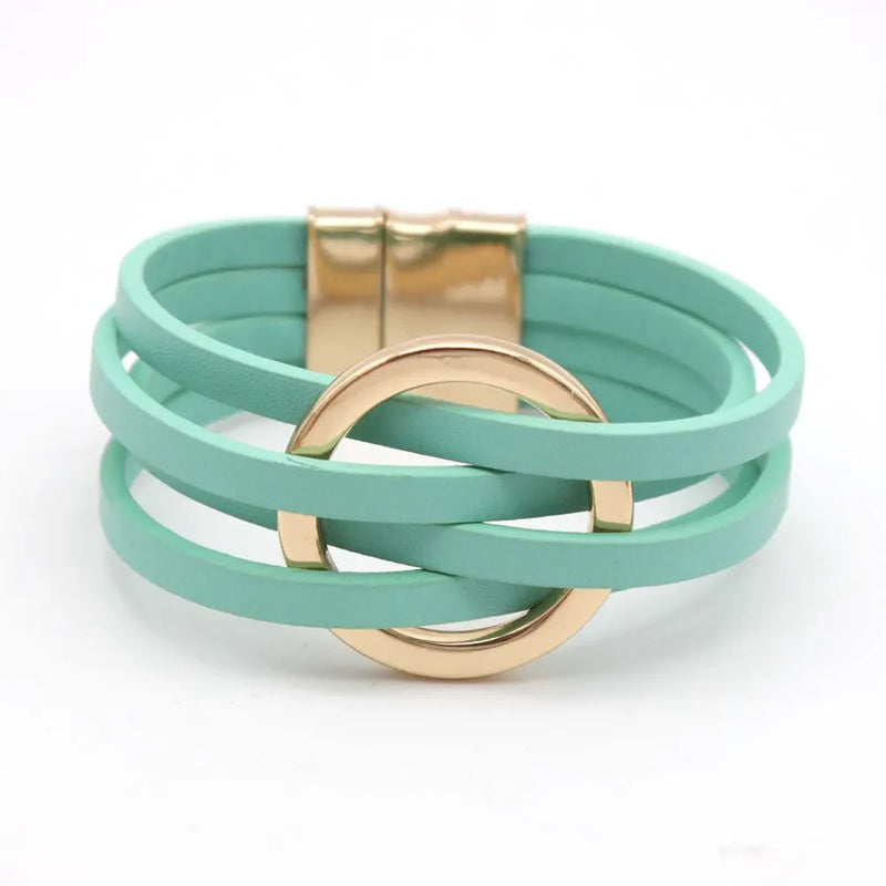 Layered Leather Wrap Bracelet | Trendy Multi-Strand Jewellery-Green-State of Style