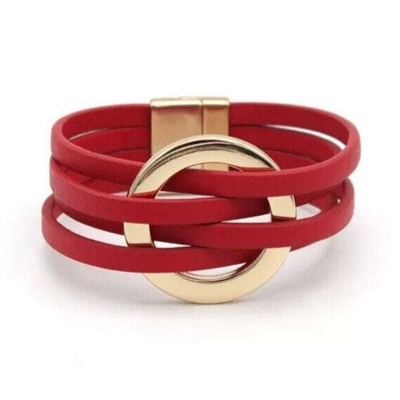 Layered Leather Wrap Bracelet | Trendy Multi-Strand Jewellery-Red-State of Style