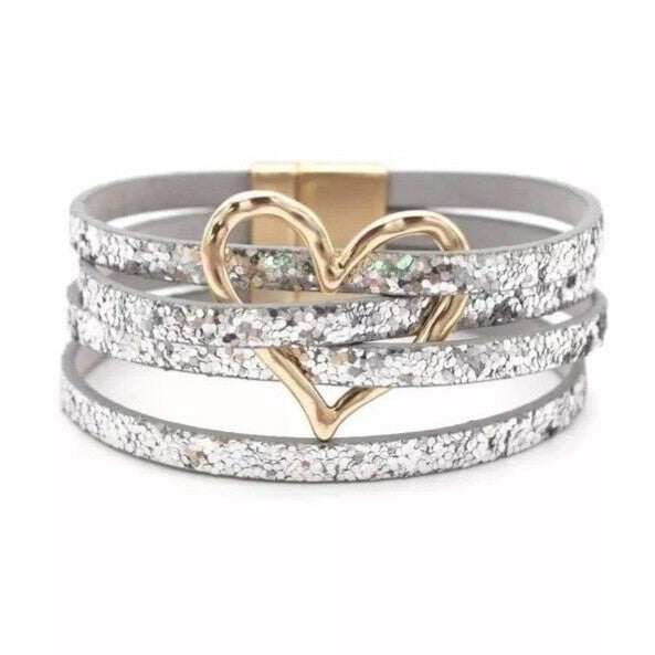 Layered Leather Wrap Bracelet | Trendy Multi-Strand Jewellery-SILVER HEART-State of Style