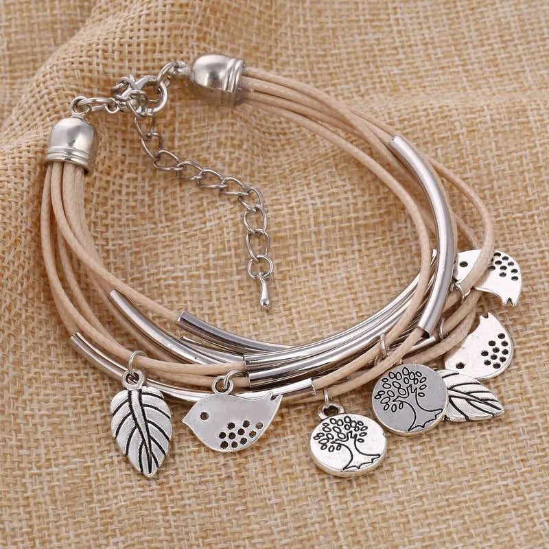 Layered Natural Leather Bracelet | Multi-Strand Women's Jewellery-BEIGE-State of Style