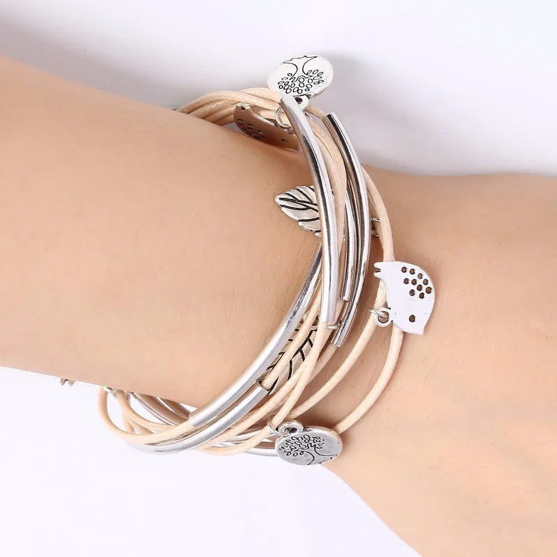 Layered Natural Leather Bracelet | Multi-Strand Women's Jewellery-BEIGE-State of Style