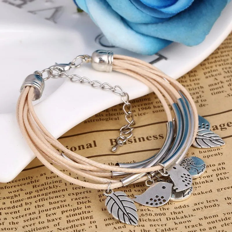 Layered Natural Leather Bracelet | Multi-Strand Women's Jewellery-BEIGE-State of Style