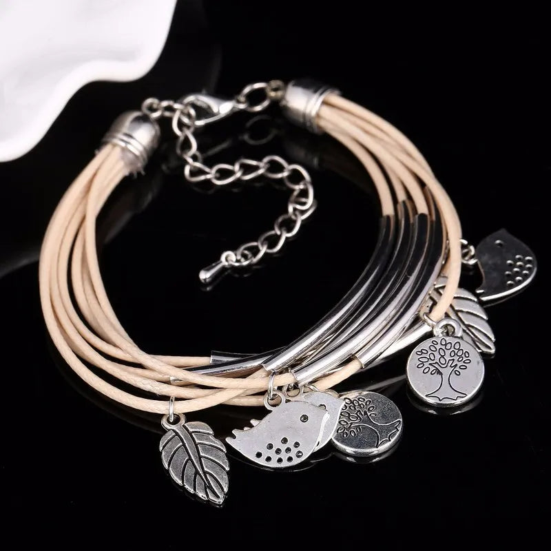 Layered Natural Leather Bracelet | Multi-Strand Women's Jewellery-BEIGE-State of Style