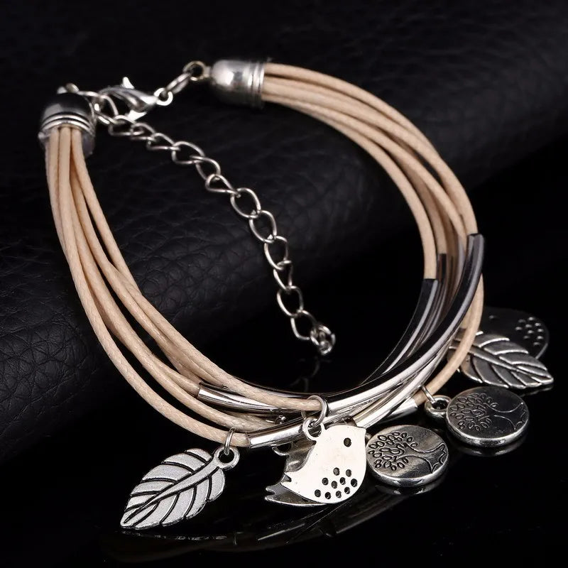 Layered Natural Leather Bracelet | Multi-Strand Women's Jewellery-BEIGE-State of Style