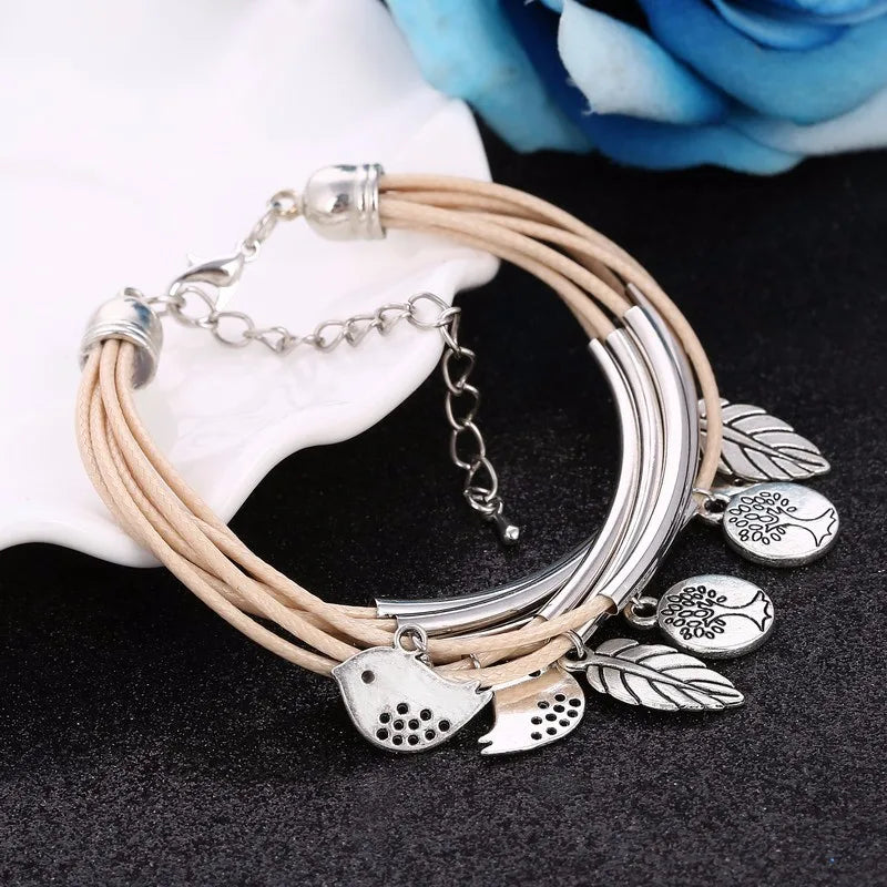 Layered Natural Leather Bracelet | Multi-Strand Women's Jewellery-BEIGE-State of Style