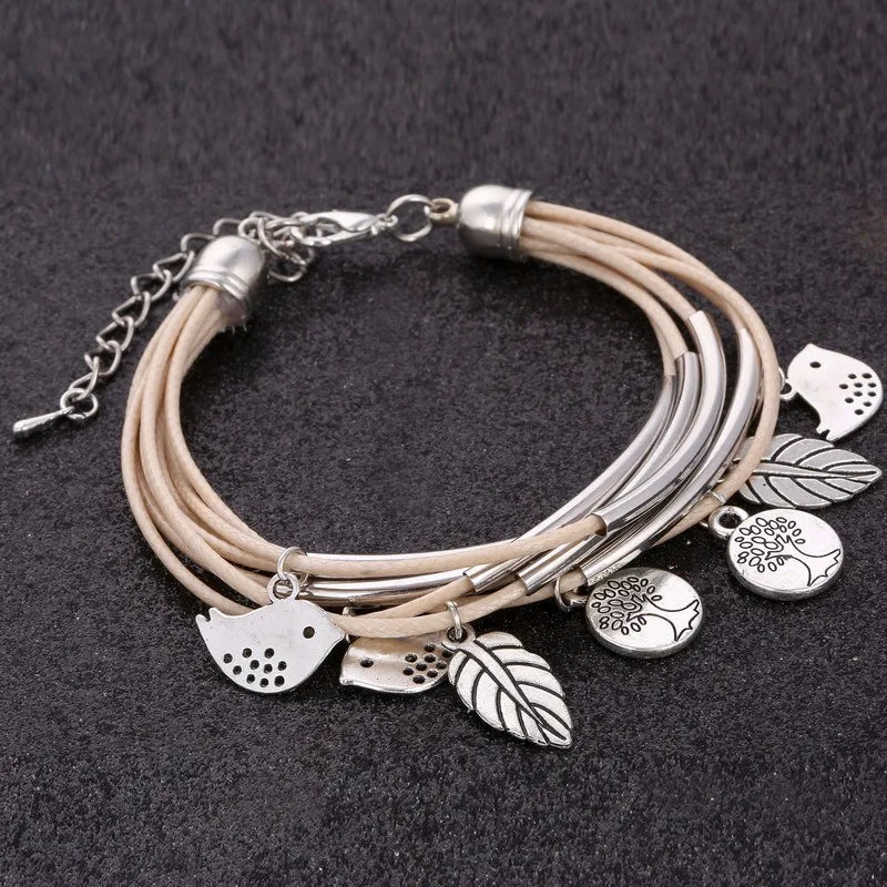 Layered Natural Leather Bracelet | Multi-Strand Women's Jewellery-BEIGE-State of Style