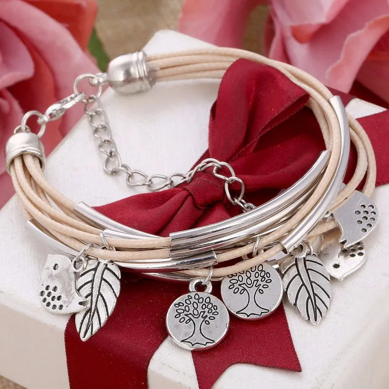 Layered Natural Leather Bracelet | Multi-Strand Women's Jewellery-BEIGE-State of Style