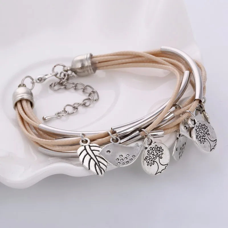 Layered Natural Leather Bracelet | Multi-Strand Women's Jewellery-BEIGE-State of Style