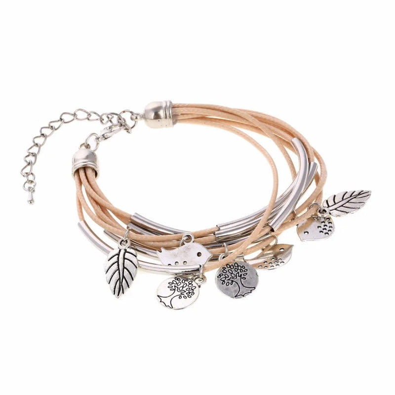 Layered Natural Leather Bracelet | Multi-Strand Women's Jewellery-BEIGE-State of Style