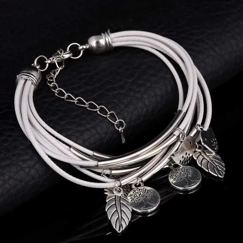 Layered Natural Leather Bracelet | Multi-Strand Women's Jewellery-BEIGE-State of Style