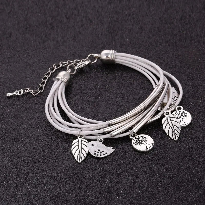 Layered Natural Leather Bracelet | Multi-Strand Women's Jewellery-BEIGE-State of Style