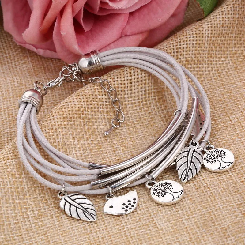 Layered Natural Leather Bracelet | Multi-Strand Women's Jewellery-BEIGE-State of Style