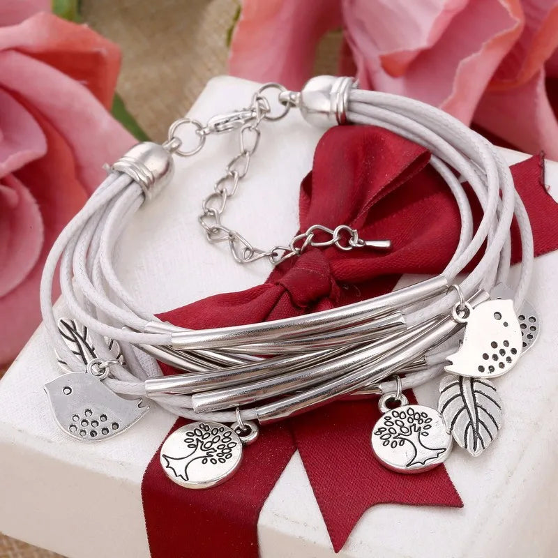 Layered Natural Leather Bracelet | Multi-Strand Women's Jewellery-BEIGE-State of Style