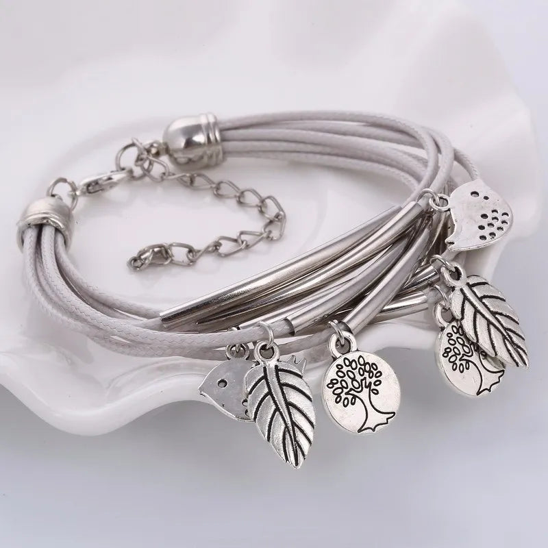 Layered Natural Leather Bracelet | Multi-Strand Women's Jewellery-BEIGE-State of Style