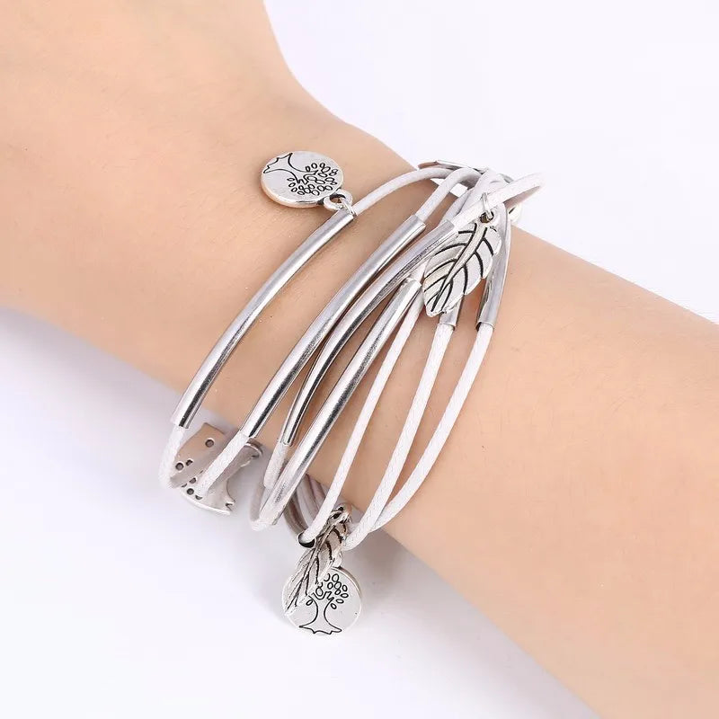 Layered Natural Leather Bracelet | Multi-Strand Women's Jewellery-BEIGE-State of Style