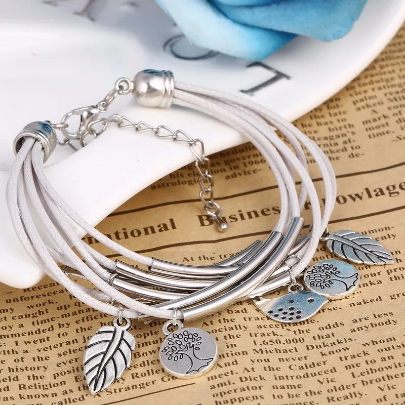 Layered Natural Leather Bracelet | Multi-Strand Women's Jewellery-BEIGE-State of Style