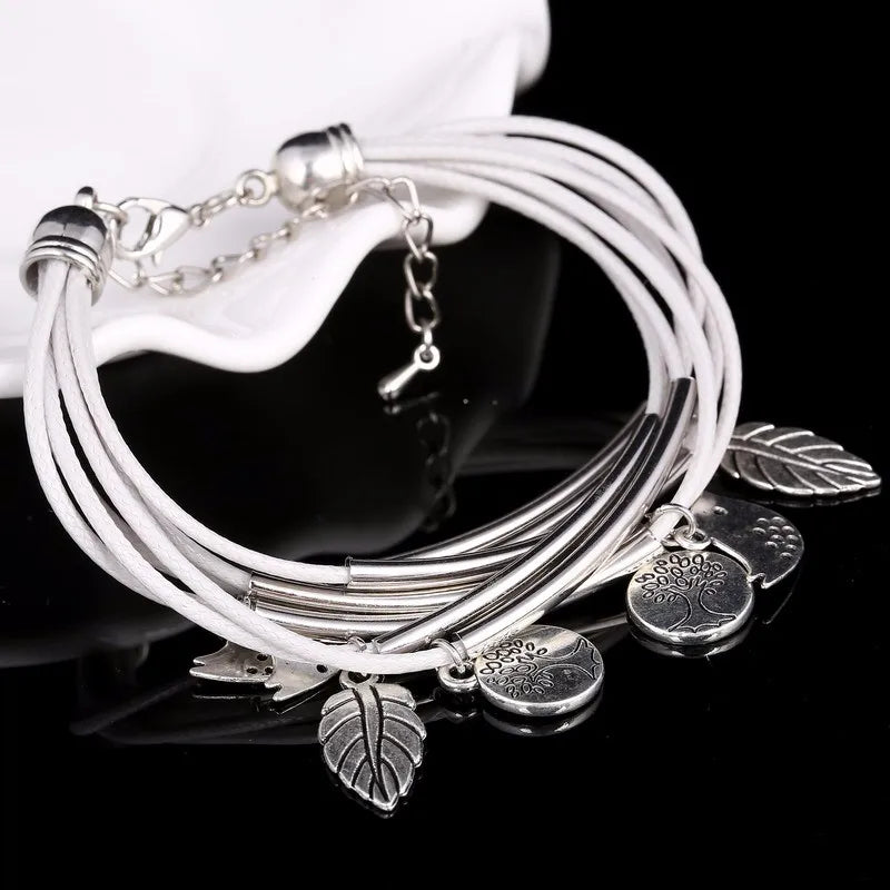 Layered Natural Leather Bracelet | Multi-Strand Women's Jewellery-BEIGE-State of Style