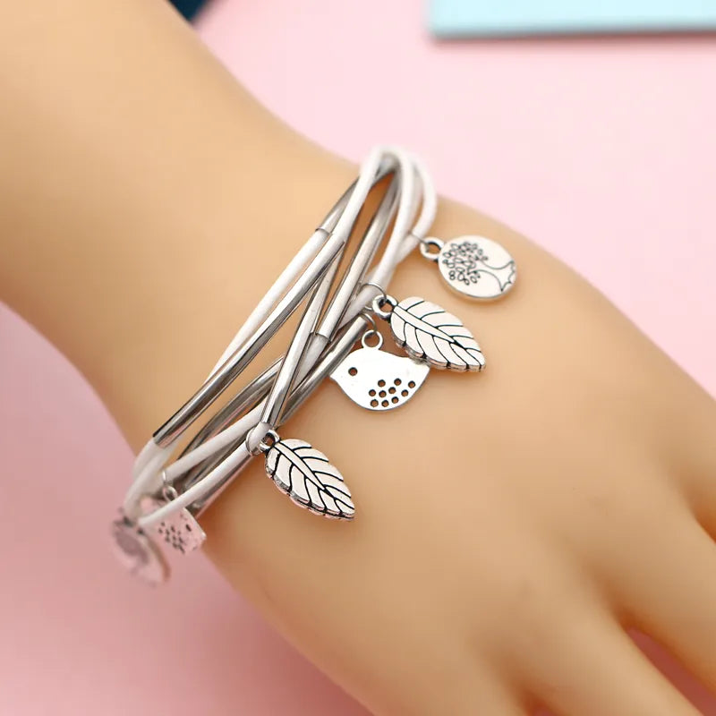 Layered Natural Leather Bracelet | Multi-Strand Women's Jewellery-BEIGE-State of Style