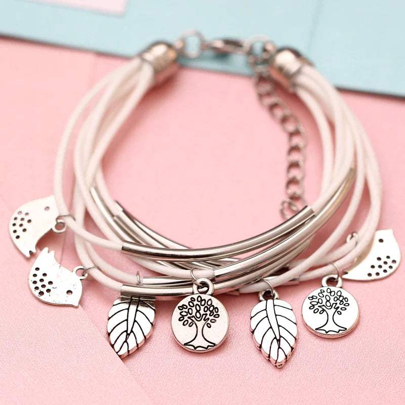 Layered Natural Leather Bracelet | Multi-Strand Women's Jewellery-BEIGE-State of Style