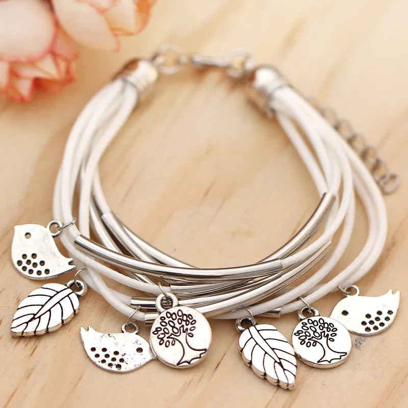 Layered Natural Leather Bracelet | Multi-Strand Women's Jewellery-BEIGE-State of Style