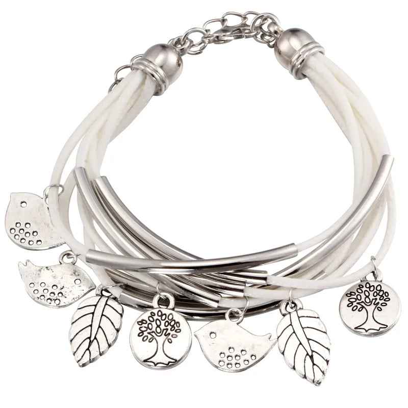 Layered Natural Leather Bracelet | Multi-Strand Women's Jewellery-BEIGE-State of Style