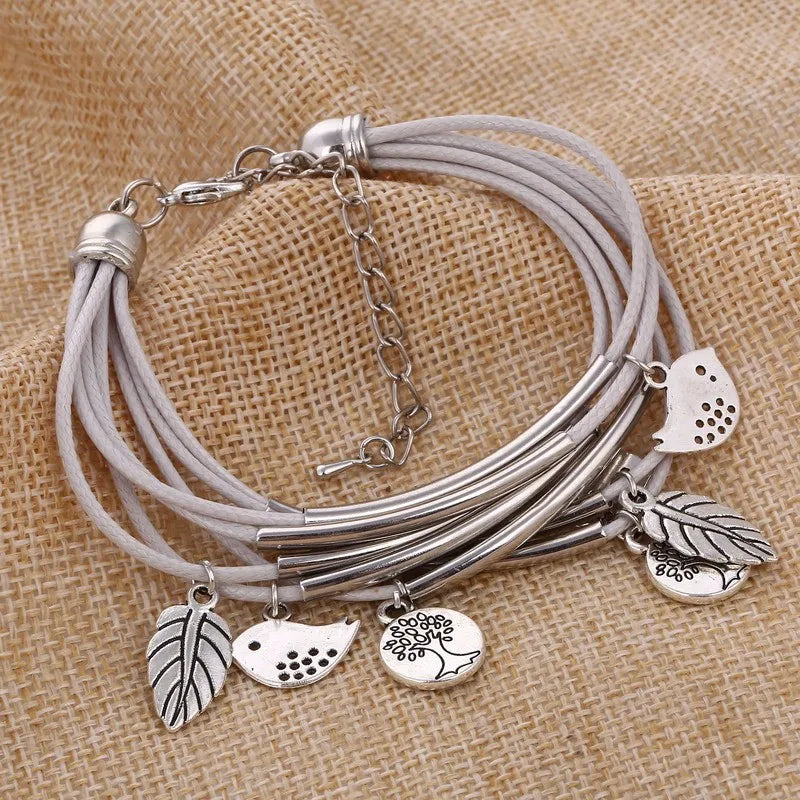 Layered Natural Leather Bracelet | Multi-Strand Women's Jewellery-GRAY-State of Style