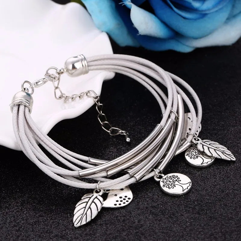 Layered Natural Leather Bracelet | Multi-Strand Women's Jewellery-WHITE-State of Style