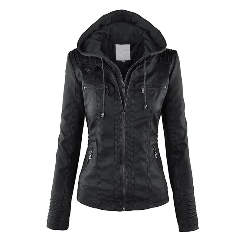 Leather Hooded Jacket for Women - Emma-Black-S-State of Style