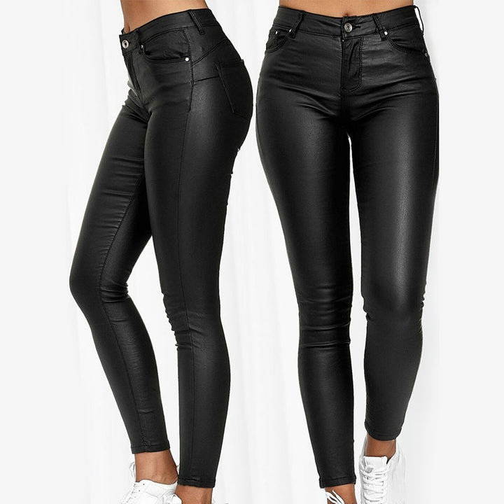 Leather stretch trousers with a high waist - Raffaela-Black-S-State of Style