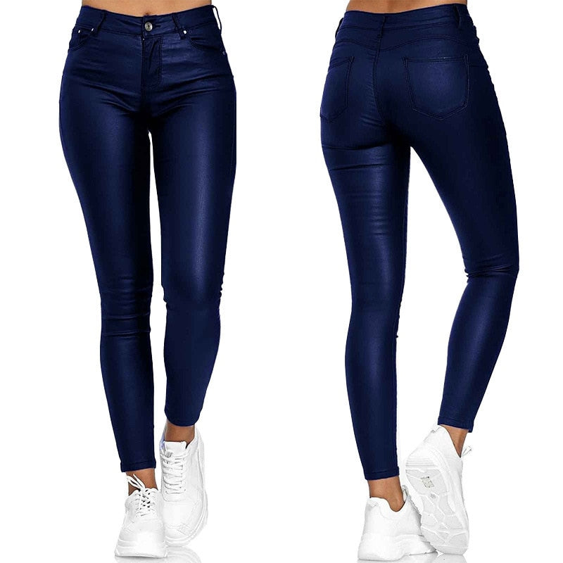 Leather stretch trousers with a high waist - Raffaela-Blue-S-State of Style