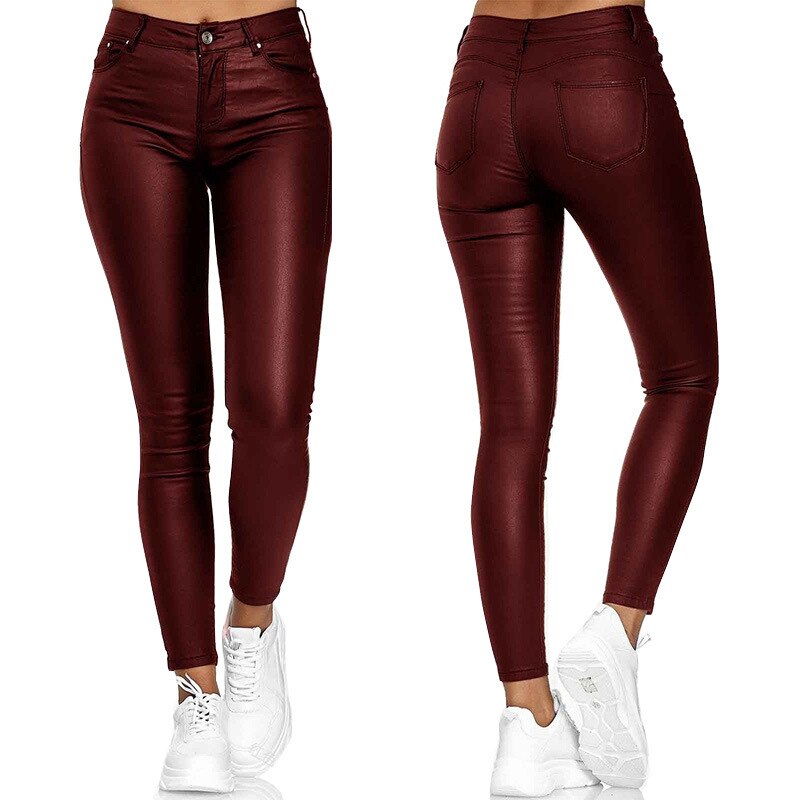 Leather stretch trousers with a high waist - Raffaela-Red-S-State of Style