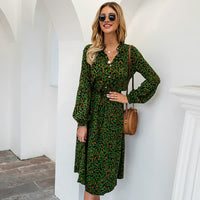 Leopard Print Long Sleeve Dress-Green-S-State of Style