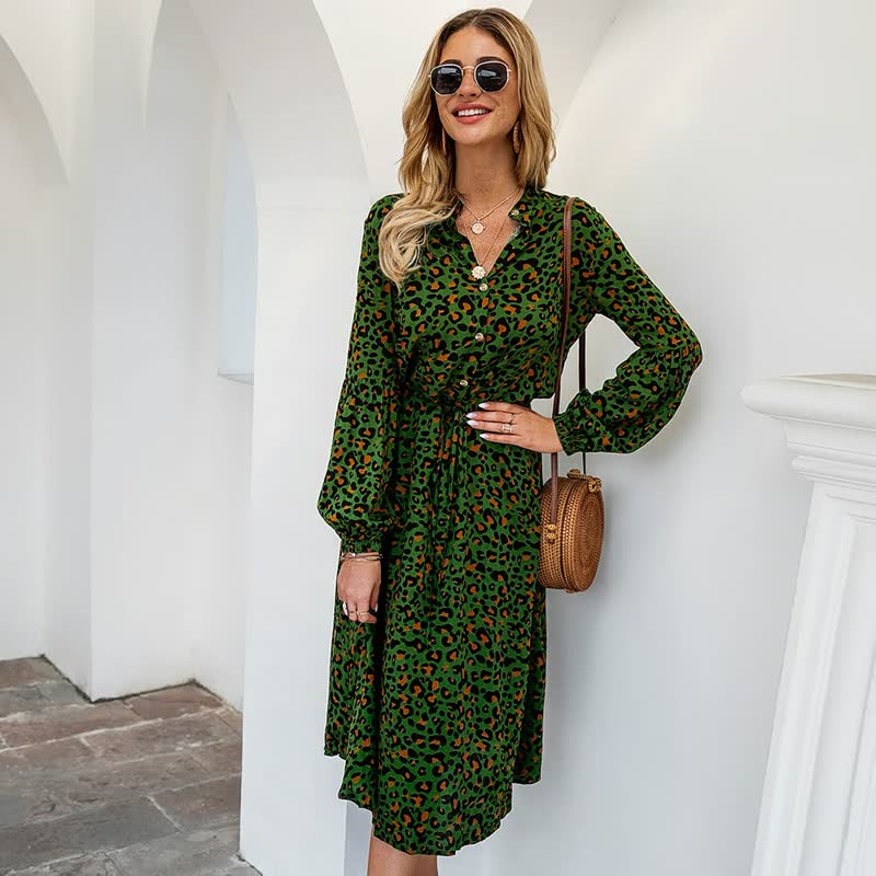 Leopard Print Long Sleeve Dress-Green-S-State of Style