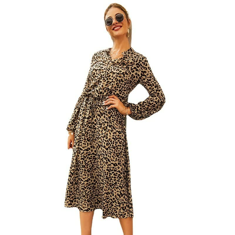 Leopard Print Long Sleeve Dress-Green-S-State of Style
