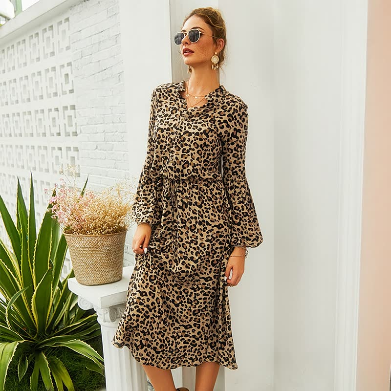 Leopard Print Long Sleeve Dress-Green-S-State of Style