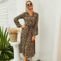 Leopard Print Long Sleeve Dress-Khaki-S-State of Style