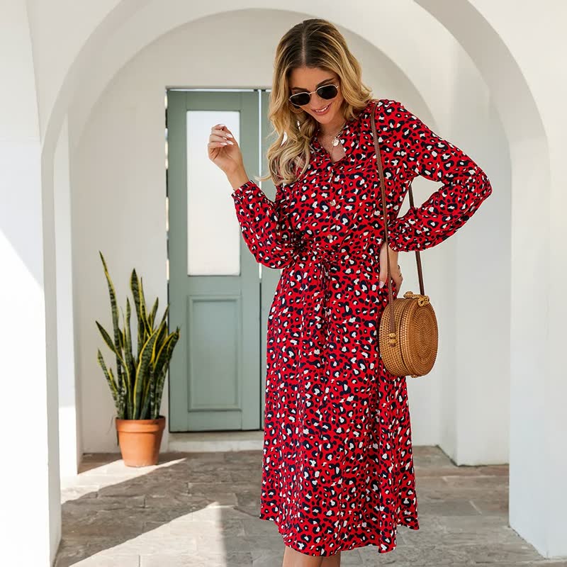 Leopard Print Long Sleeve Dress-Red-S-State of Style