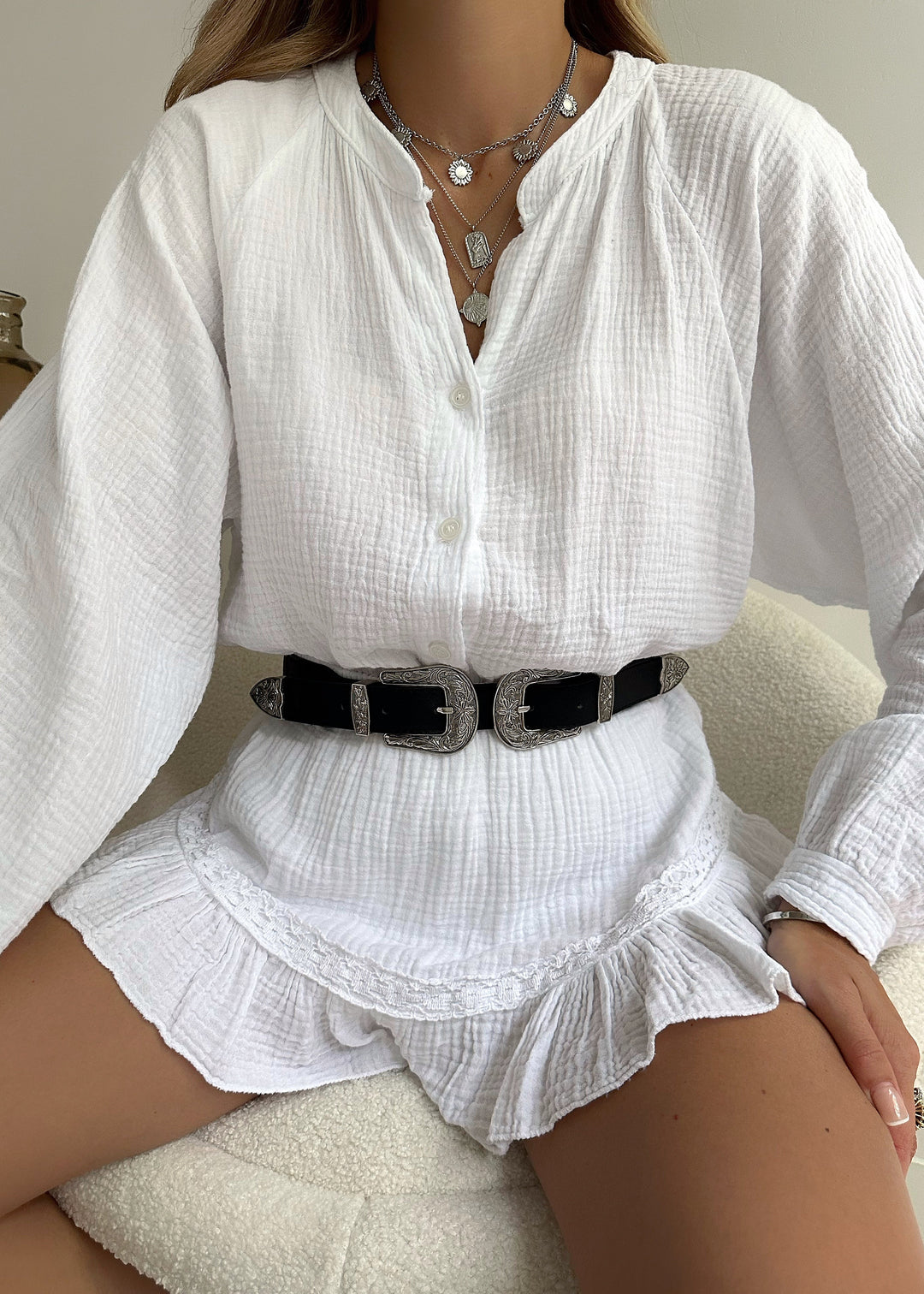 Light cotton set with blouse & ruffled shorts – Leora-White-One size fits all-State of Style