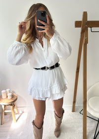 Light cotton set with blouse & ruffled shorts – Leora-White-One size fits all-State of Style